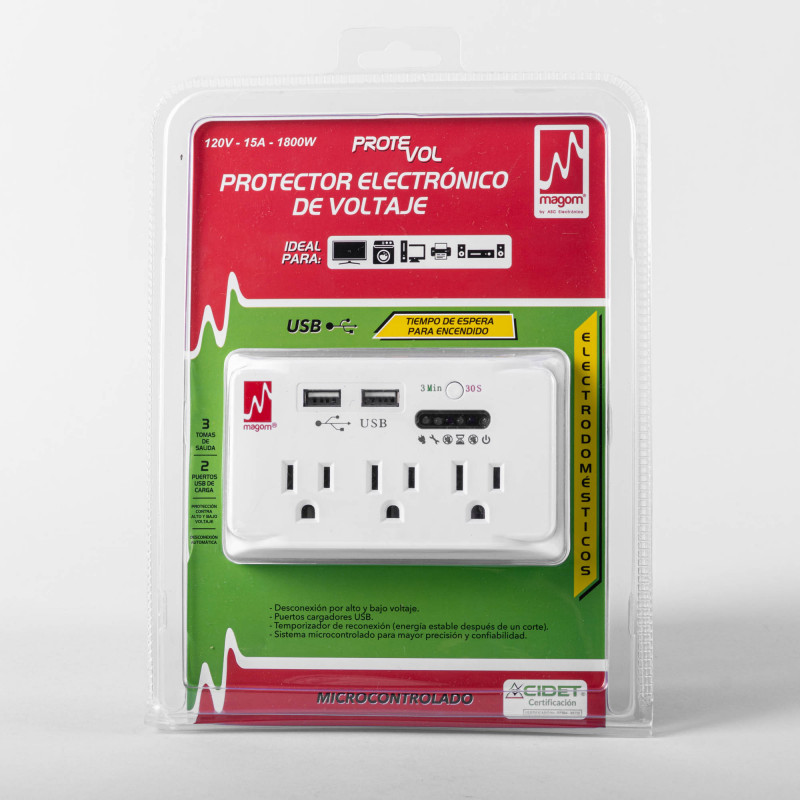 Protector Voltaje 3 Conectores 2 USB con Indicador de Espera 1800w Magom