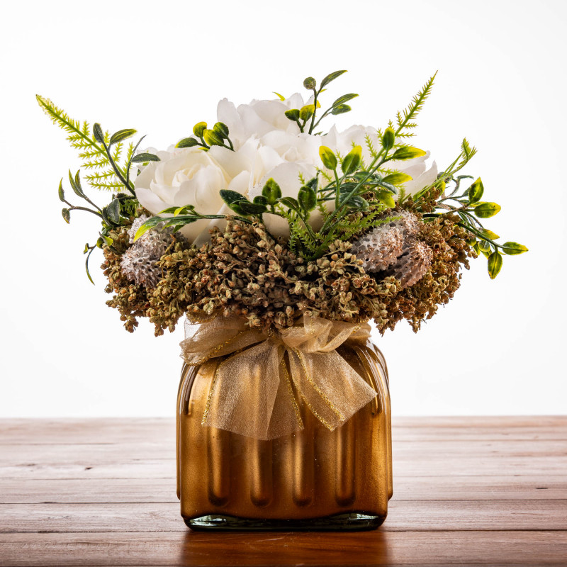 Arreglo Floral Rosas Blancas de Poliéster con Maceta Dorada de Vidrio Haus