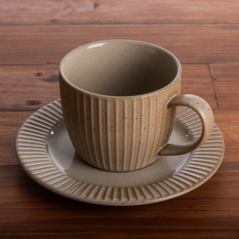 Taza para Té y Plato Líneas Taupe de Cerámica Haus