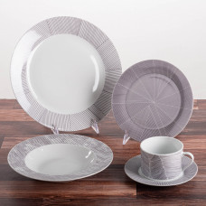 Vajilla Redonda Líneas Gris / Blanco de Porcelana 20 Piezas para 4 Puestos Haus