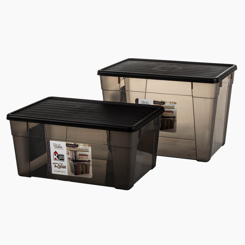 Caja Organizadora Plástica Ratán Café / Clear con Tapa