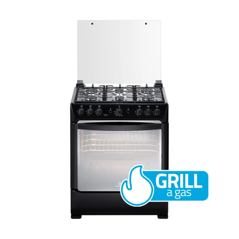 Indurama Cocina a Gas Negro / Silver con 6 Quemadores, Luz LED, Encendido Eléctrico y Grill